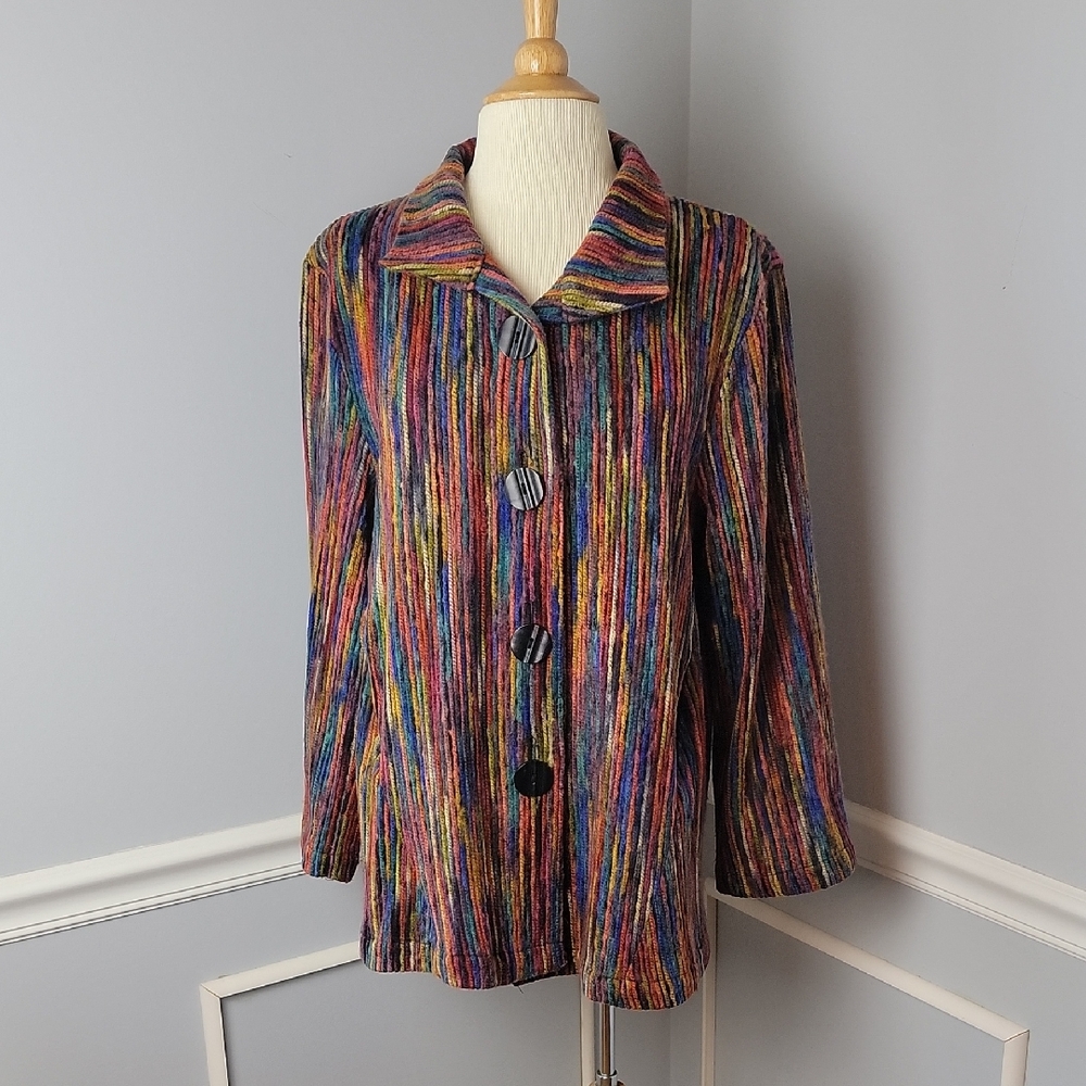 HABITAT Multicolor Rainbow Yarn Lagenlook Cottage Boho Button Oversized Jacket S